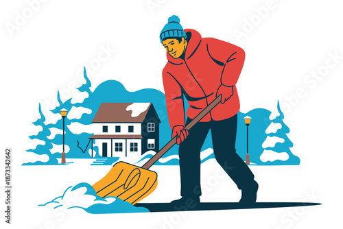 A man shoveling snow in front of a house on a winter day