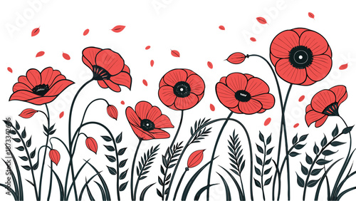 A vibrant floral illustration depicting red poppy flowers in bloom amidst green stems and leaves silhouette