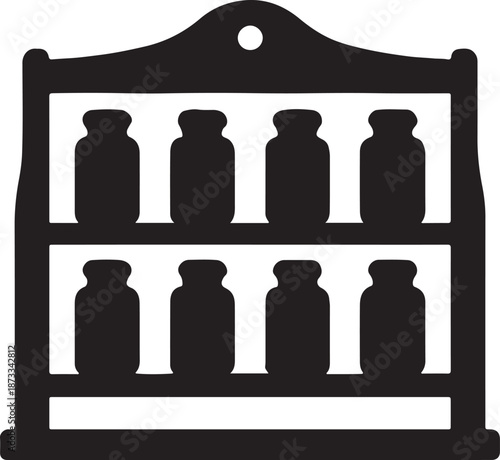 Black silhouette of spice rack with eight bottles shelves kitchen