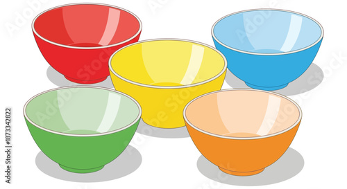 Five colorful empty ceramic bowls are arranged together on a plain white surface.