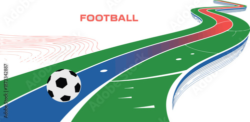Football field with dynamic path and ball vector illustration