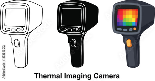 Set of thermal imaging cameras outline silhouette and color illustration with heat map display isolated on white background for technology and science concepts