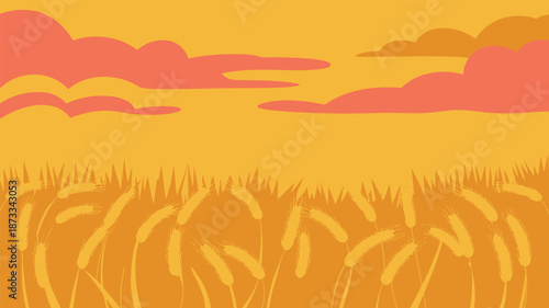 A serene wheat field under a vibrant orange sky with pink clouds at sunset