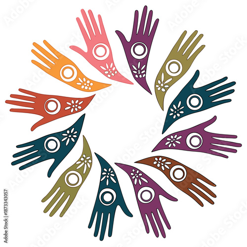 a colorful circular arrangement of stylized hands with floral elements forming a vibrant and inclusive design silhouette