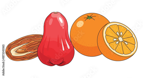 Assortment of tropical fruits includes a whole orange, a sliced orange, and a rose.
