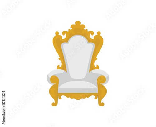 A luxurious golden throne chair with white upholstery against a plain background