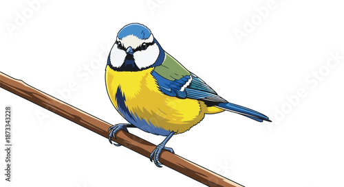 Small blue and yellow songbird perched upon a thin brown wooden branch alone.