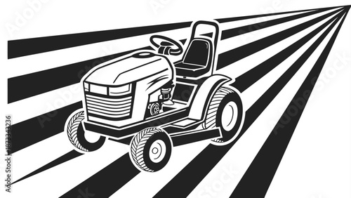 a striking black and white illustration of a lawn tractor moving forward with dynamic lines silhouette