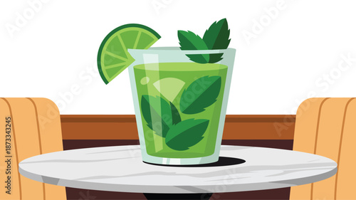 A refreshing green cocktail with lime and mint leaves on a table in a restaurant