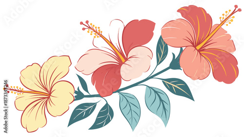 A vibrant arrangement of hibiscus flowers in shades of pink yellow and red silhouette high quality