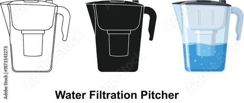 Collection of water filtration pitcher illustrations showing outline solid black and filled with blue water for health and hydration concepts
