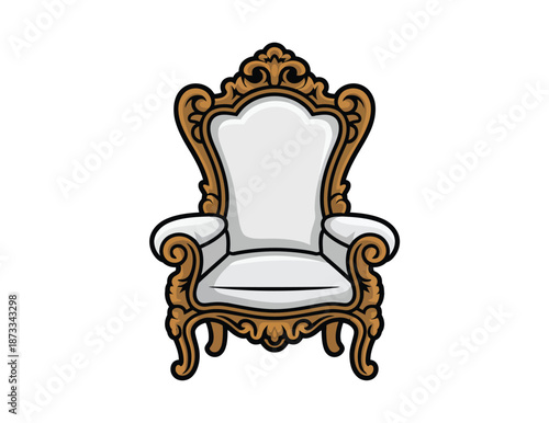An ornate, white upholstered armchair with a golden brown wooden frame and intricate carvings, set against a plain background.