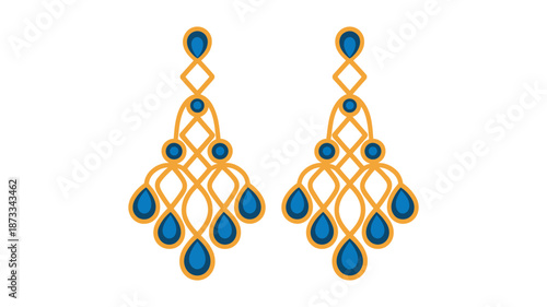 A pair of elegant gold earrings with blue gemstones on a white background