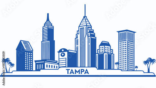 A striking blue skyline illustration showcases the city of tampa florida with a distinctive silhouette