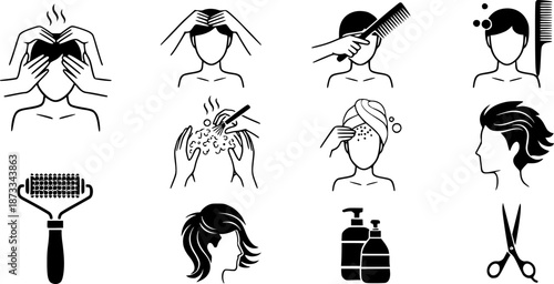 Head massage icons set. Hairdressers massaging clients' scalps, using brushes, combs, and other tools, promoting relaxation and hair health
