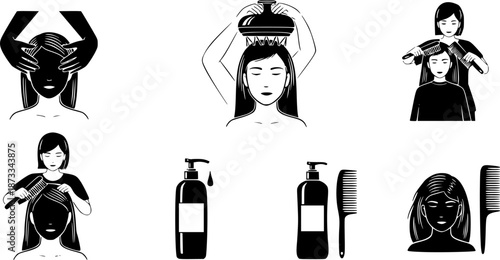 Head massage icons set. Hairdressers massaging clients' scalps, using brushes, combs, and other tools, promoting relaxation and hair health
