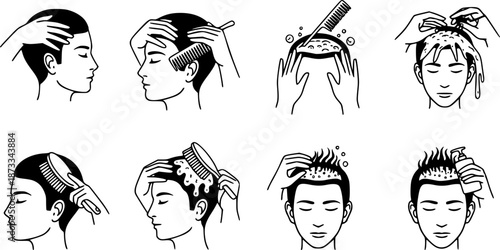 Head massage icons set. Hairdressers massaging clients' scalps, using brushes, combs, and other tools, promoting relaxation and hair health
