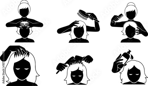 Head massage icons set. Hairdressers massaging clients' scalps, using brushes, combs, and other tools, promoting relaxation and hair health
