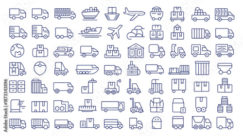 A collection of various transportation and logistics icons on a white background
