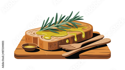 A slice of bread with olive oil and rosemary on a wooden cutting board