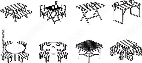 Set of camping tables and picnic benches featuring various designs, materials, and configurations, ideal for outdoor dining and recreation
