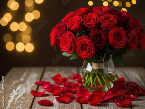 Vibrant red roses in a glass vase on a rustic wooden table isolated on white background