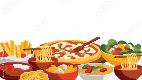 A colorful illustration of various fast foods and dishes arranged on a table