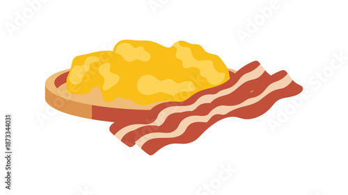A cartoon illustration of scrambled eggs and bacon on toast