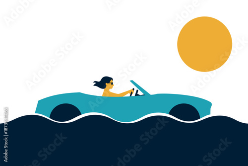 A woman drives a car through the ocean on a sunny day