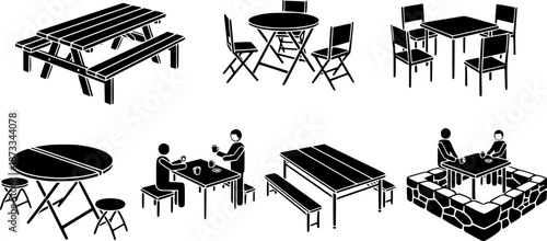 Set of camping tables and picnic benches featuring various designs, materials, and configurations, ideal for outdoor dining and recreation
