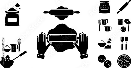 Rolling dough wooden pin icons set. Dough rolling, flour, rolling pin, baking tools and ingredients, preparing dough for baking cookies, pie, pizza
