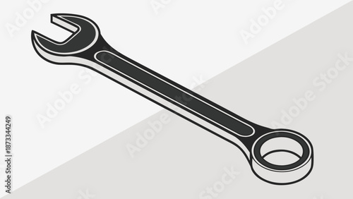 A striking black wrench icon against a neutral background showcasing a bold and simple silhouette