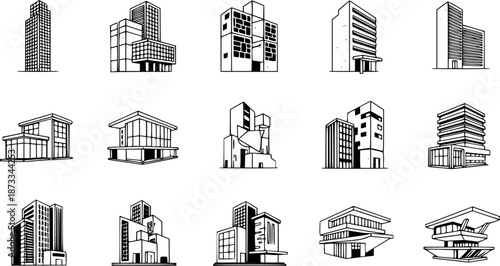 This vector collection showcases various buildings embodying modern architectural styles
