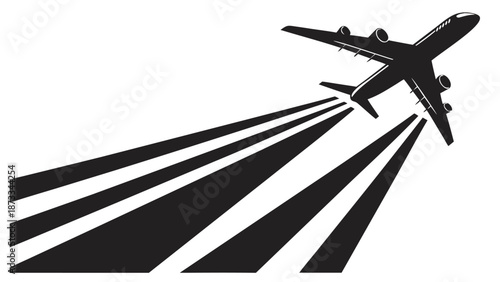 A dramatic depiction of an airplane ascending into the sky with dynamic contrails a striking silhouette