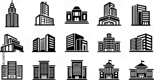This vector collection showcases various buildings embodying modern architectural styles
