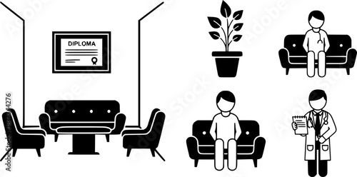 Psychologist office icons set. Psychotherapist consulting room icons showing furniture, plants, diploma, patient, and doctor
