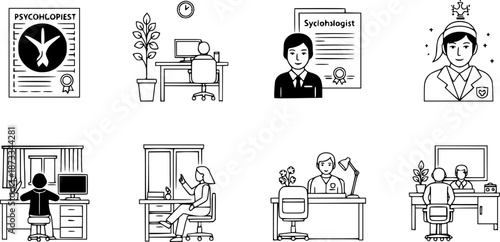 Psychologist office icons set. Psychotherapist consulting room icons showing furniture, plants, diploma, patient, and doctor
