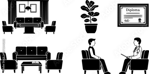 Psychologist office icons set. Psychotherapist consulting room icons showing furniture, plants, diploma, patient, and doctor
