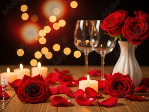 Elegant romantic table setting with red roses and wine glasses isolated on white background