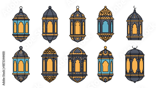 A set of colorful lanterns on transparent background
