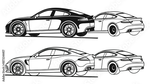 Detailed black and white line drawings showcase the sleek design of a modern sports car silhouette