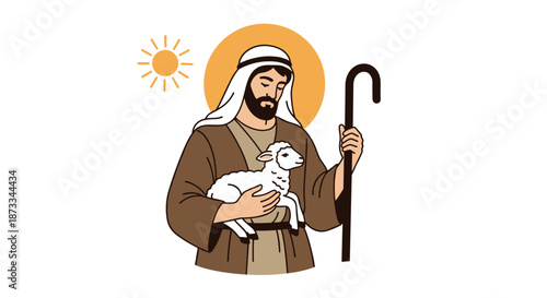 A vector graphic illustration of Jesus Christ holding a lamb and shepherd's staff on transparent background