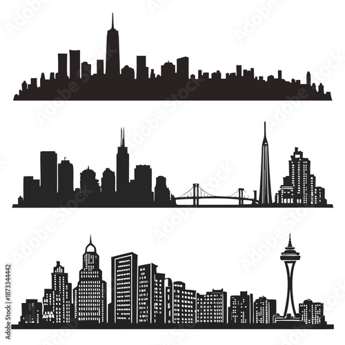 A striking depiction of iconic city skylines presented as bold black outlines a captivating silhouette