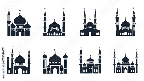 A set of mosque silhouettes in a minimalist flat design style on transparent background