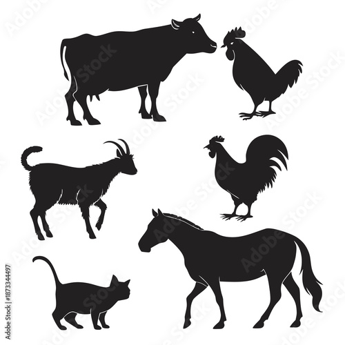 a collection of farm animals including a cow goat horse cat and roosters in silhouette