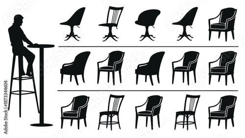 A collection of various chair and barstool designs presented as striking black and white silhouettes