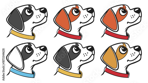 a colorful arrangement of beagle dog heads with different collar colors presenting a charming silhouette