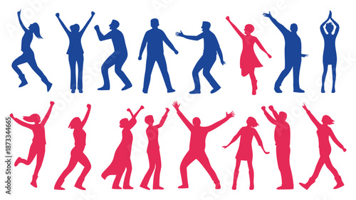 A collection of diverse human figures depicted in celebratory poses showcasing dynamic movement silhouette high quality