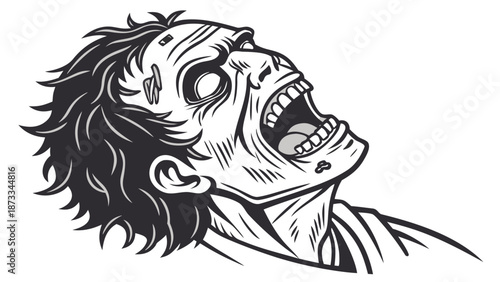 a terrifying illustration of a screaming zombie head with highly detailed lines a striking visual silhouette