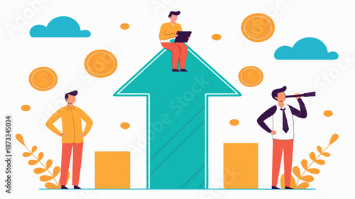 A person using a laptop atop a growing graph with colleagues observing potential financial gains silhouette